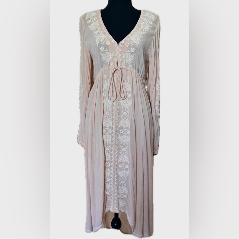 Free People Blush Pink Boho Victorian Cottagecore Fairy Midi Peasant Dress